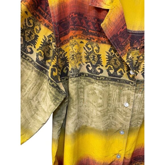 Vtg Chicos Silk Button Up Shirt Yellow Red Tribal Aztec Tunic Long Sleeve Sz 2 M - Picture 3 of 6
